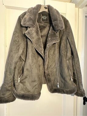 Boohoo Gray Faux Shearling Biker Jacket